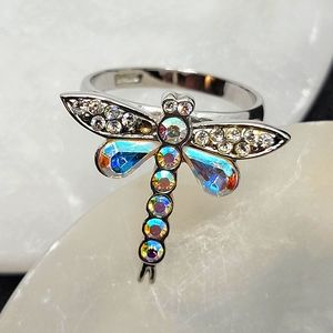 Irridescent Dragonfly Ring Rhinestone Aurora Borealis Vintage RINC Size 12 ½